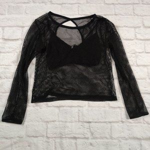 Charlotte Russe womens see through mesh net long sleeve shirt cut out black sz S